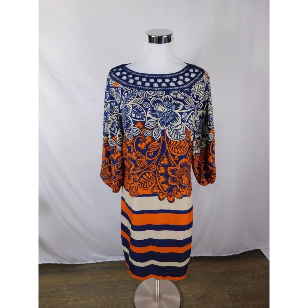 ICE Dress Womens 4 Blue Orange Floral Boat Neck Puff Sleeve Shift Crochet